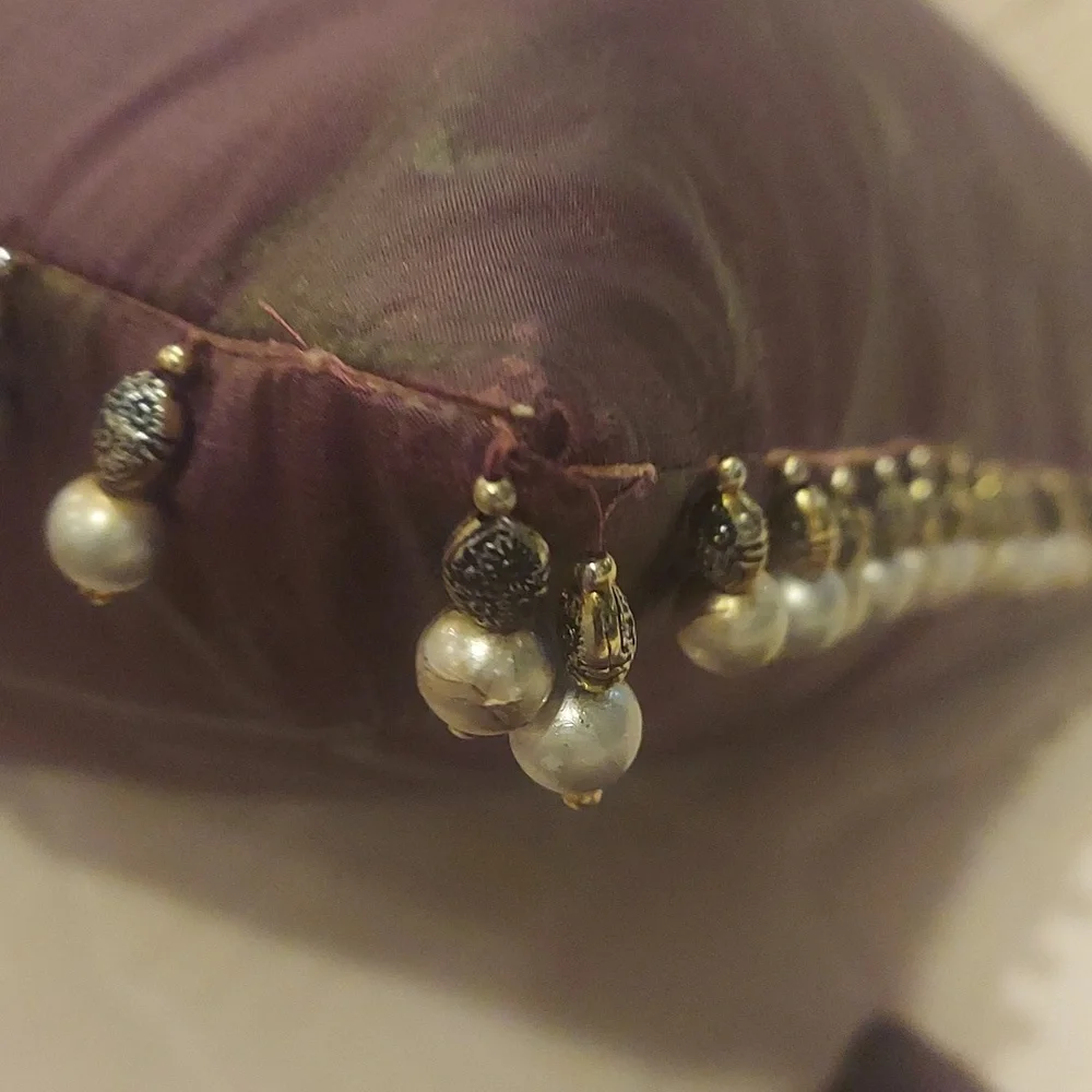 2 Pc Vintage Silk Chocolate Brown Floral Down Pearl Beaded Embellishment Pillows